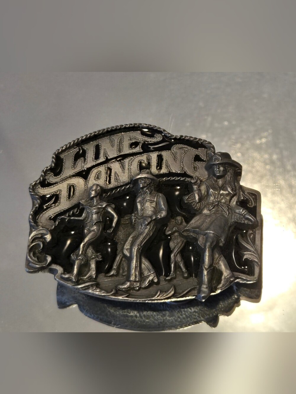 Vintage 95 Siskiyou Line Dancing Belt Buckle Fine Pewter Black Enamel USA 3.25"